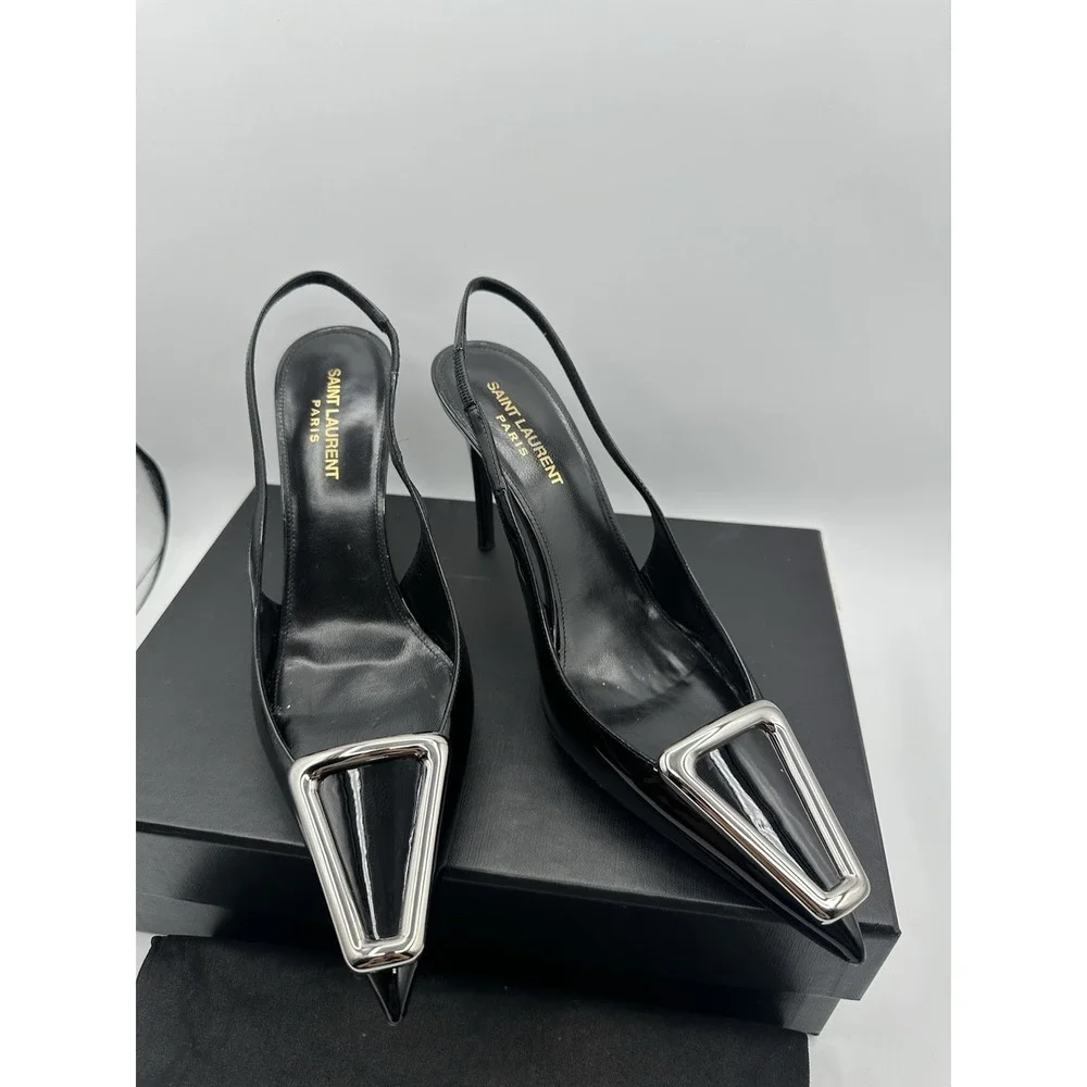 Saint Laurent Avenue Pointed Toe Slingback Pump Shoes Size 38.5 Negro - Picture 4 of 10